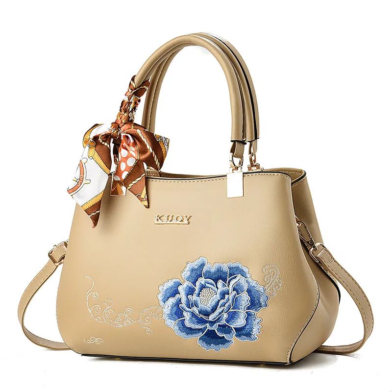 Women’s Square PU Leather Handbag With Embroidered Flowers, Featuring Top Handle For Elegant Style