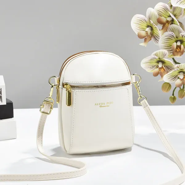 Solid Color Square PU Leather Phone Wallet For Women With Sewing Thread Detail And Single Shoulder Strap