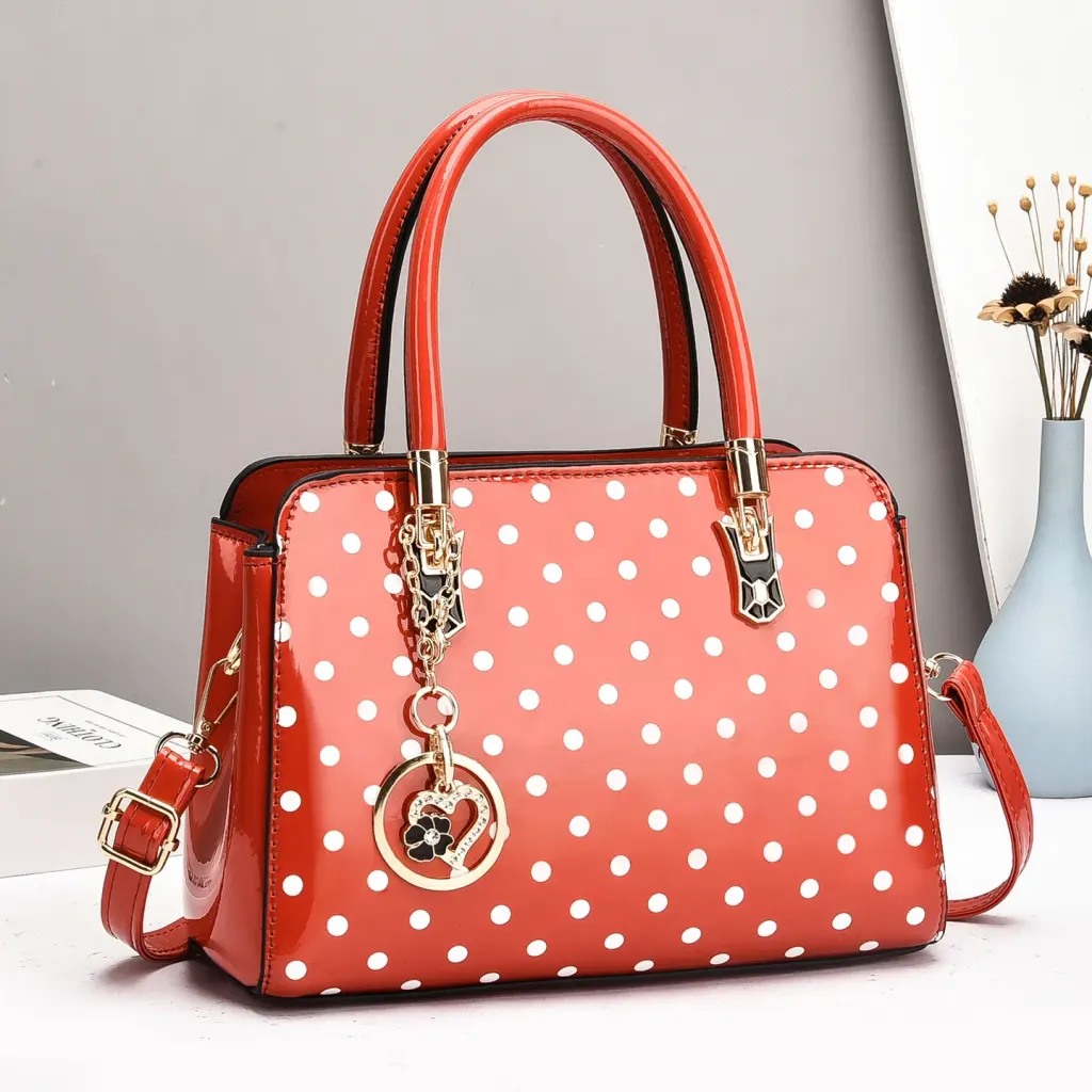 Women’s Patent Leather Boston Bag With Polka Dots And Square Shape Featuring Sewing Thread