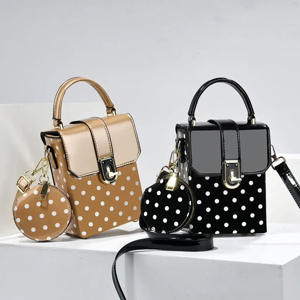 Polka Dots Square PU Leather Bag Set Featuring Sewing Thread With Top Handle