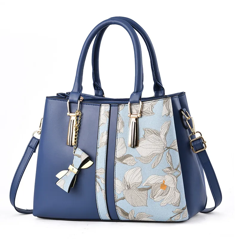 Large Classic Style Flowers PU Leather Women’s Top Handle Shoulder Bag With Zipper Closure