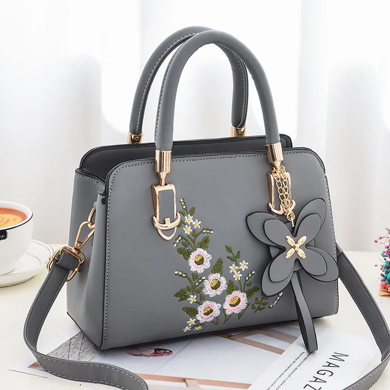 Classic Style Small PU Leather Flowers Tote Bag For Women With Zipper Closure