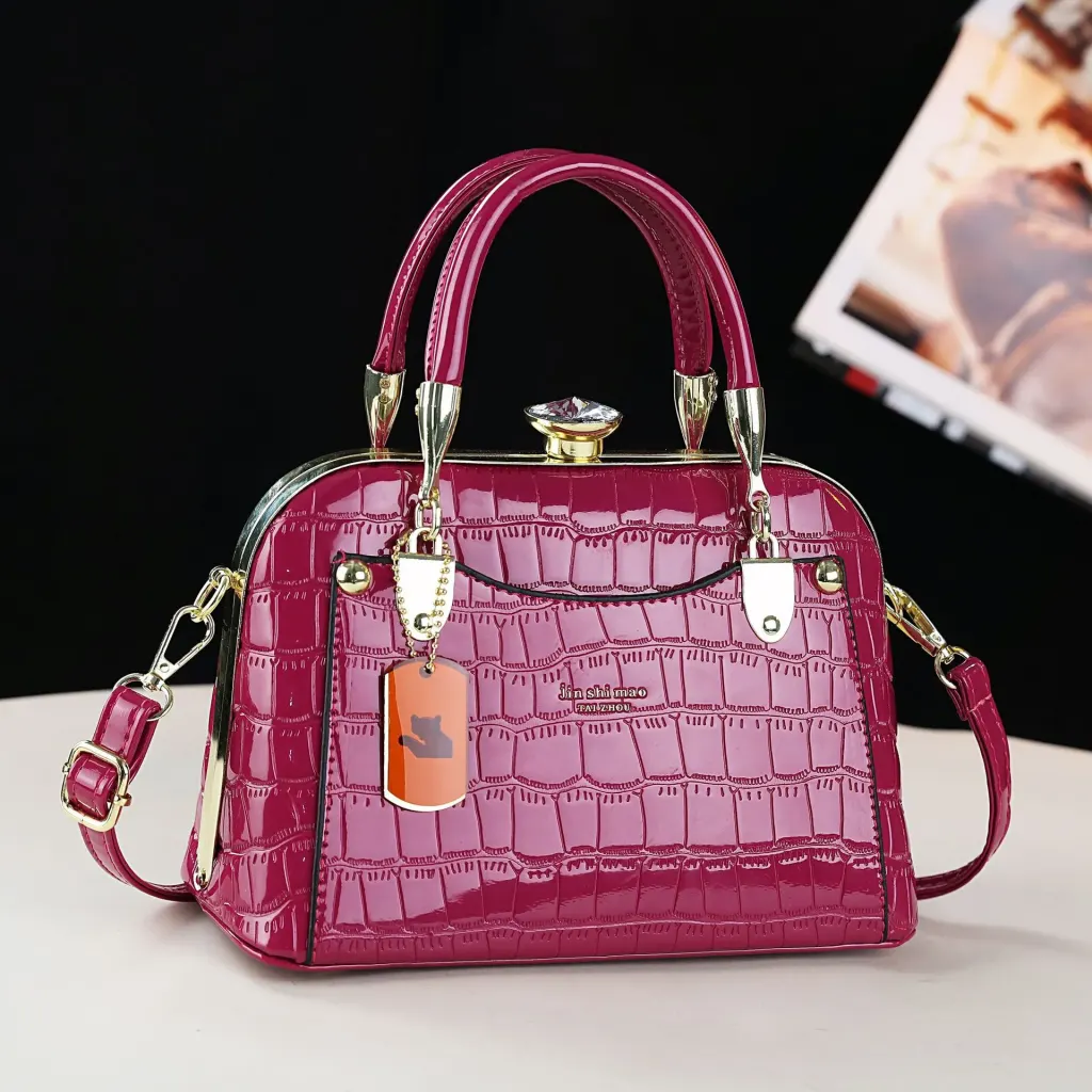 Crocodile Pattern PU Leather Dome Bag With Shell Shape And Sewing Thread Detail, Featuring Large Capacity And Top Handle