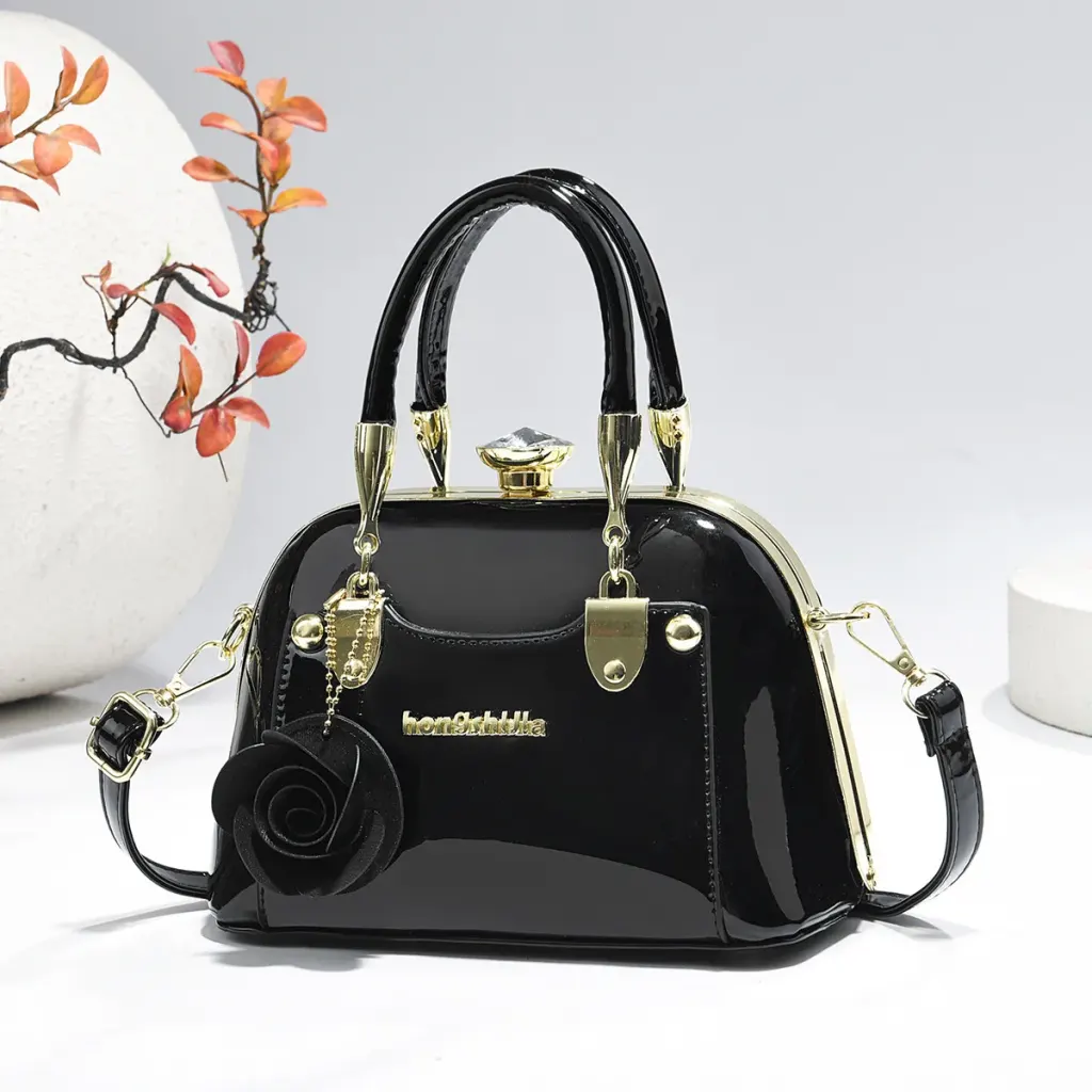 Women’s Dome Bag In Patent Leather With Shell Shape And Sewing Thread Detail, Featuring Top Handle