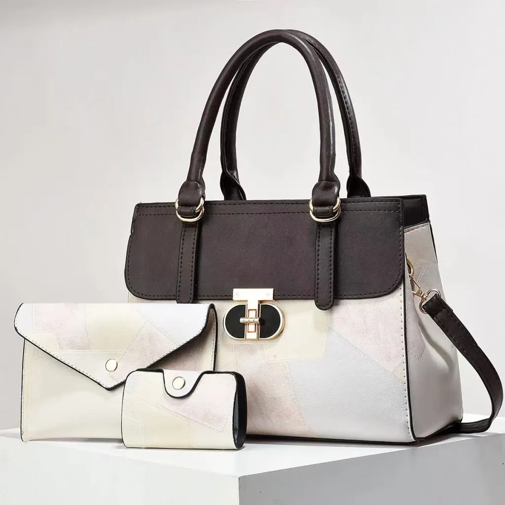 Women’s Color Block Square PU Leather Bag Set With Top Handle, Featuring Large Capacity