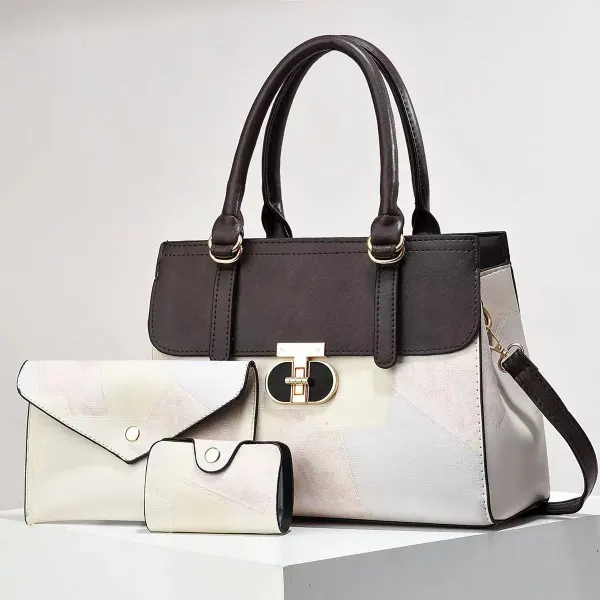 Women’s Color Block Square PU Leather Bag Set With Top Handle, Featuring Large Capacity