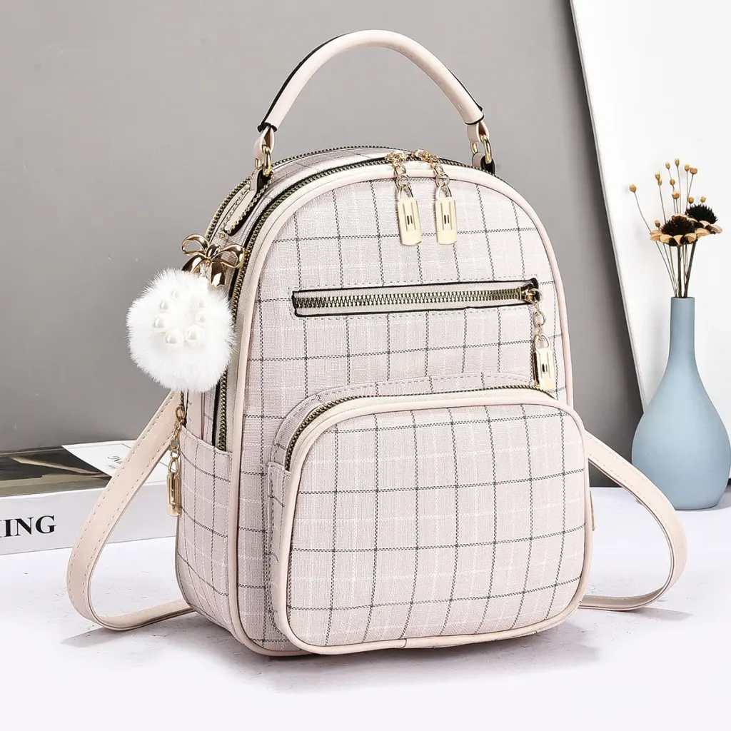 Plaid Women's Backpack With Wear-Resistant Design, Featuring Fluff Ball Detail, Made Of PU
