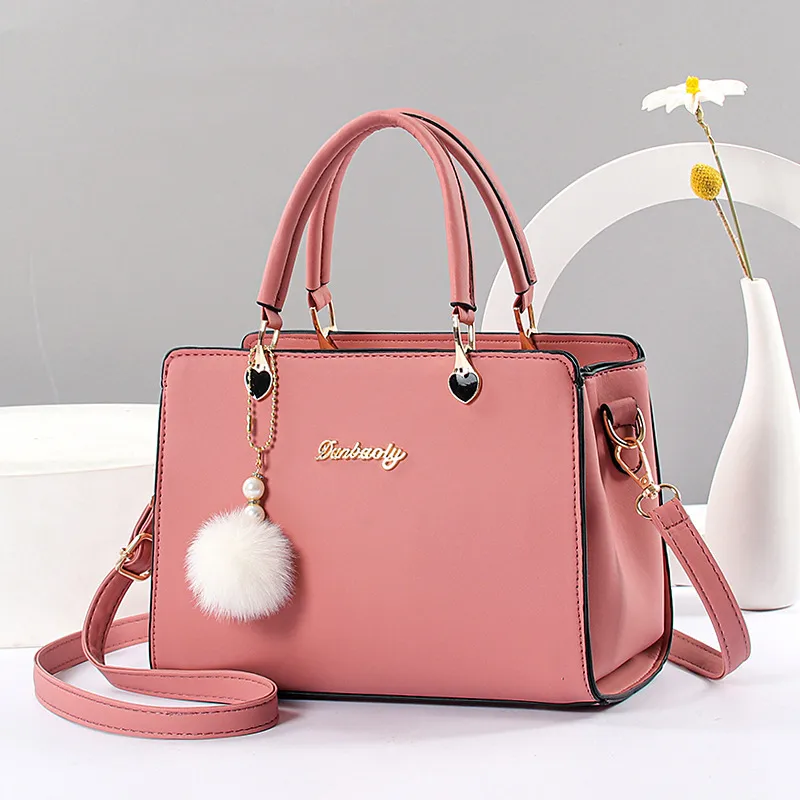 Fashion Large Solid Color Women Top Handle Bag In PU Leather With Fluff Ball And Zipper Closure