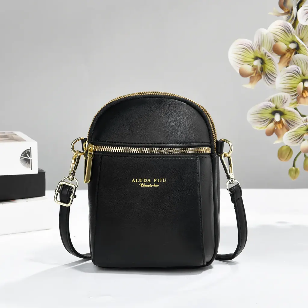 Solid Color Square PU Leather Phone Wallet For Women With Sewing Thread Detail And Single Shoulder Strap
