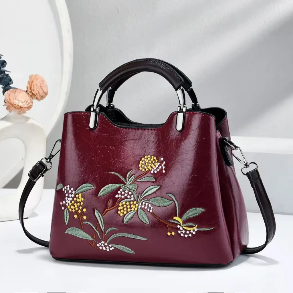 Women’s Square PU Leather Handbag With Embroidered Flowers Featuring Top Handle